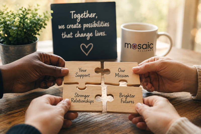 Mosaic Alliance image shows some puzzle pieces being fitted together to solve life issues